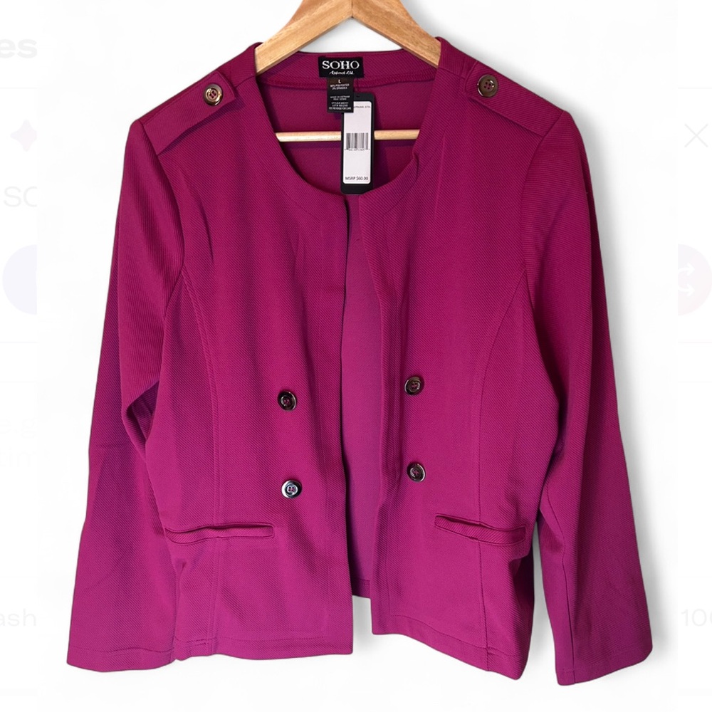 NWT Soho Apparel Raspberry Scoop Neck Ribbed Blazer Size L Office Chic - Picture 2 of 8